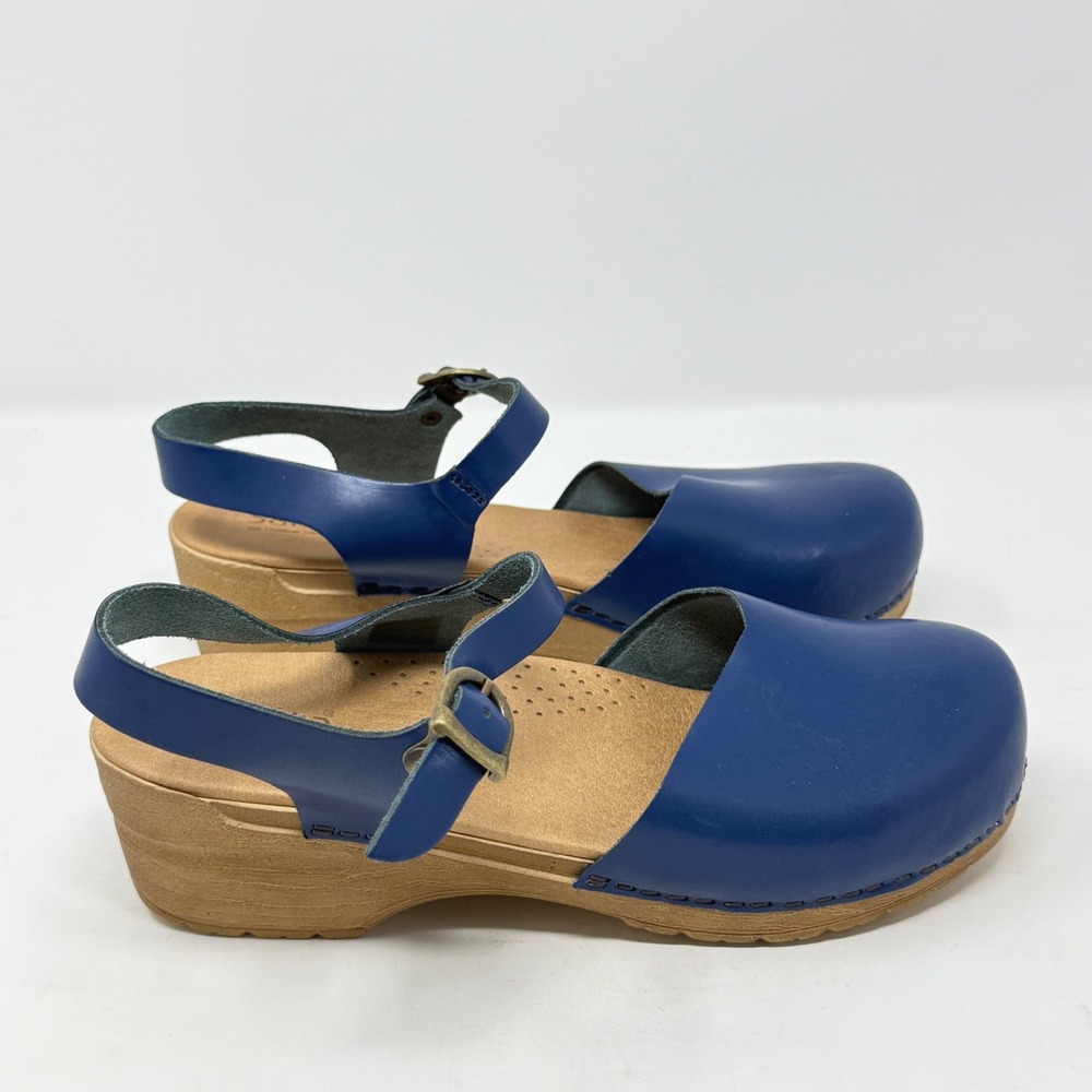 Sanita Leather Clog Sandals Women 9 EU 40 Blue Buckle Strap Wood Look Sole Boho
